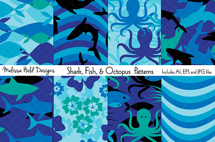 Shark, Fish, & Octopus Patterns, a Pattern Graphic by Melissa Held Designs
