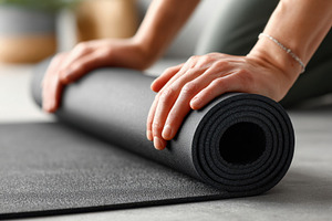 Person rolling up a black yoga mat, a Sports & Recreation Photo by AlyaAnd