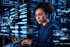 Young mixed race female (mulatto) IT specialist working on lapto