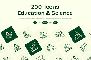 200 Education and science icons, an Outline Icon by Vectors Market