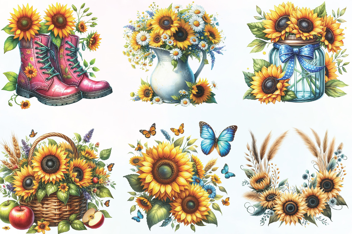 Watercolor Summer Sunflower Clipart, an Illustration by CraftArtStudio (Photo 2 of 6)