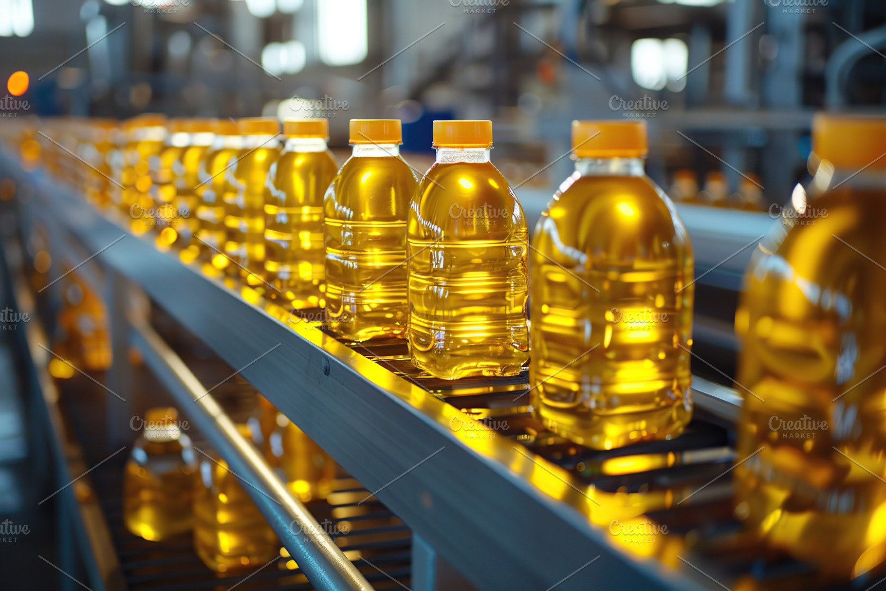 Sunflower oil in the bottles on production line, a Food & Drink Photo by AlyaAnd