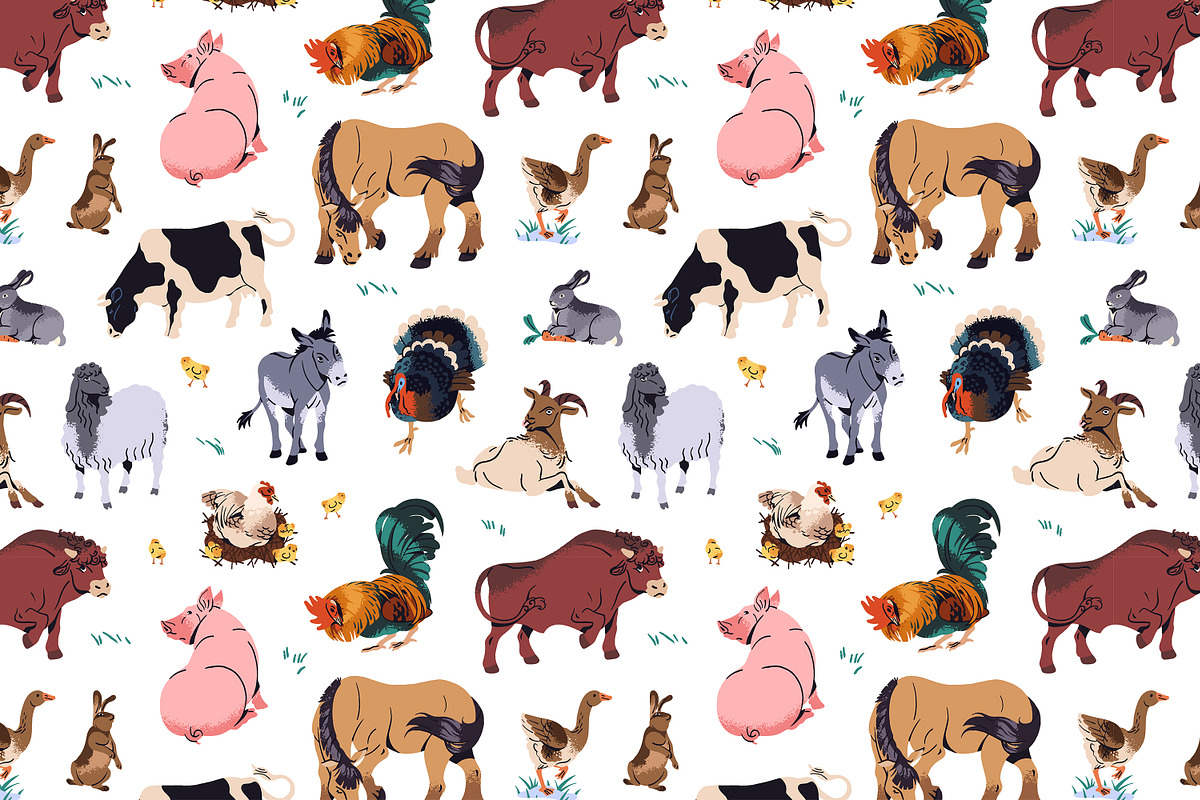 Farm animals set, seamless patterns, an Animal Illustration by PaperTrident (Photo 3 of 4)