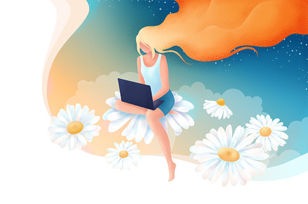 Girl with laptop on camomiles