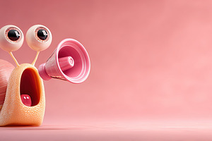 3D illustration of a quirky snail with large eyes and a megaphon, a Photo by Ales Munt