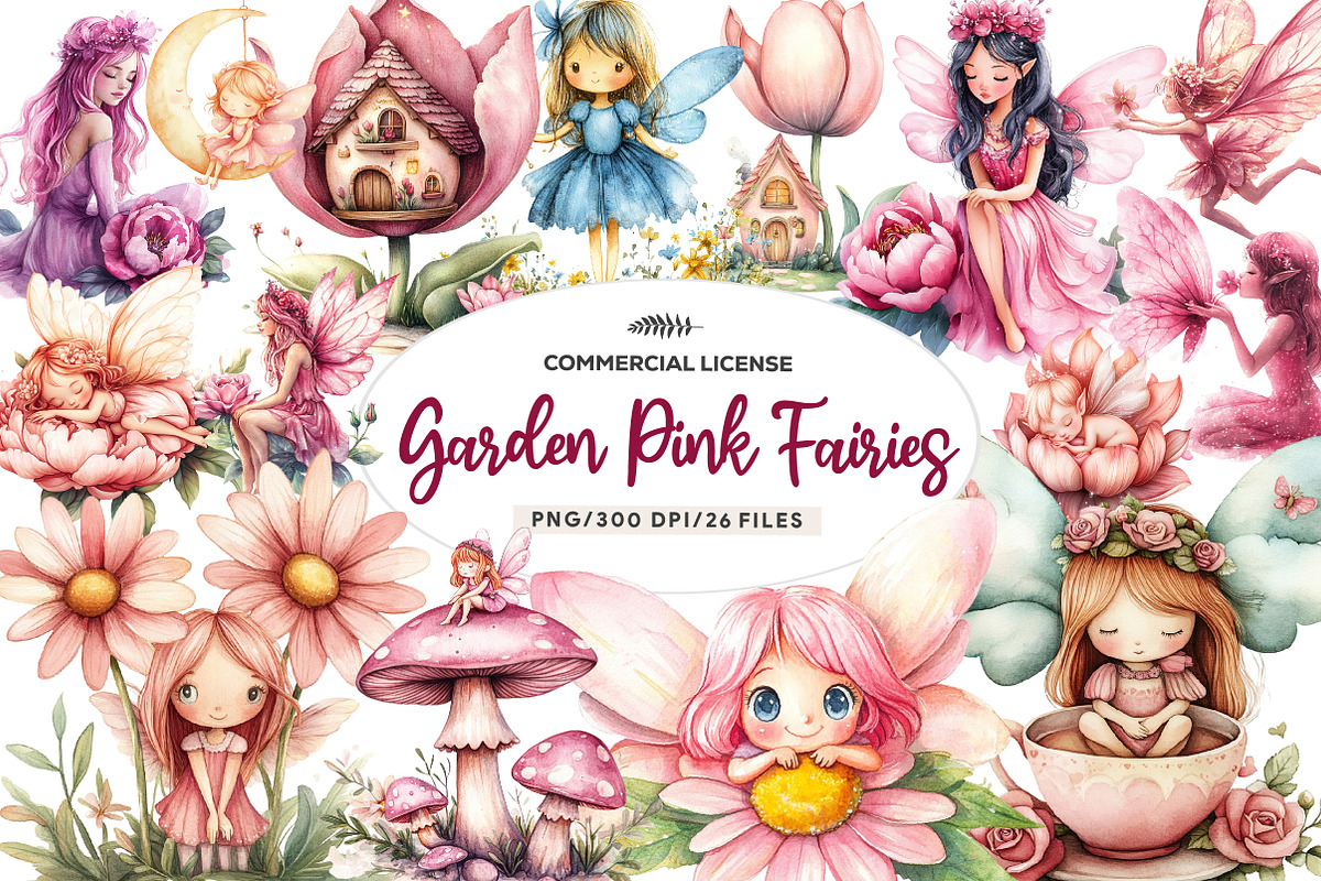 Watercolor Magical Garden Pink Fairi, an Illustration by CreationArt (Photo 1 of 9)