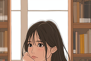 Young woman studying at a table surrounded by books in a library, an Illustration by AS photostudio
