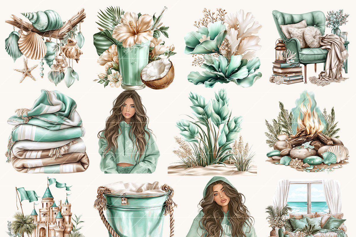Watercolor Summer Beach Clipart, a Seasonal Illustration by BusyDaydesign (Photo 2 of 9)