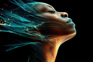 Face profile with glowing light strands, an Abstract Photo by AlyaAnd