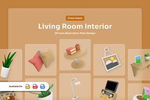 Cozy Living Room 3D Interior Icons, a Work Illustration by twinstd