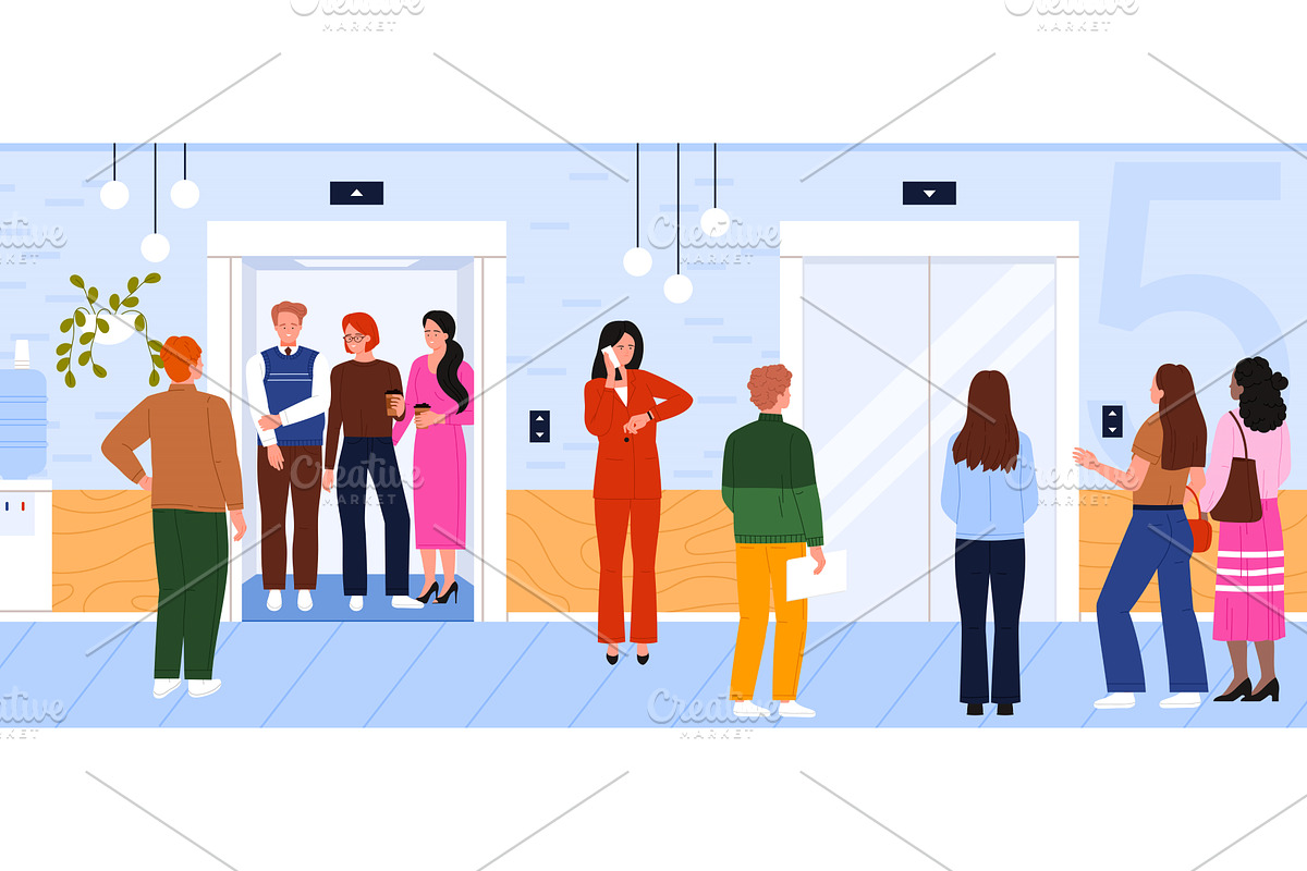 People Waiting in Line for Elevator, a Person Illustration by Flashvector