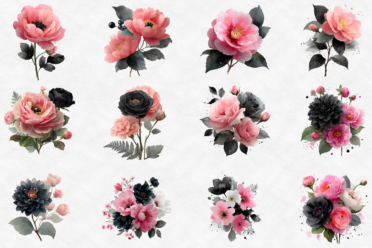 Black Pink and Silver Floral Clipart, an Illustration by Designworld (Photo 3 of 6)