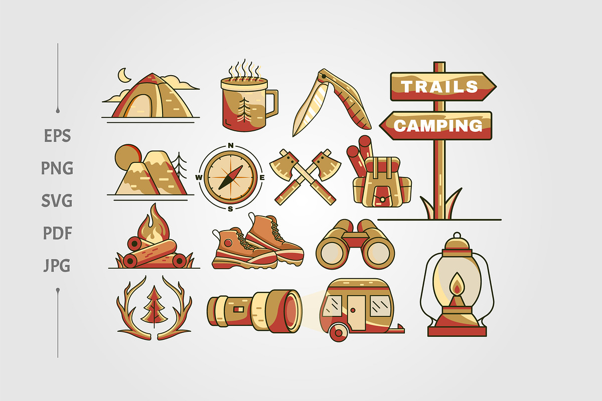 set of travel camp cartoon logo, an Outline Icon by lawoel