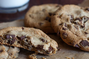 Chocolate chunk cookies featuring baked, brown, and chip