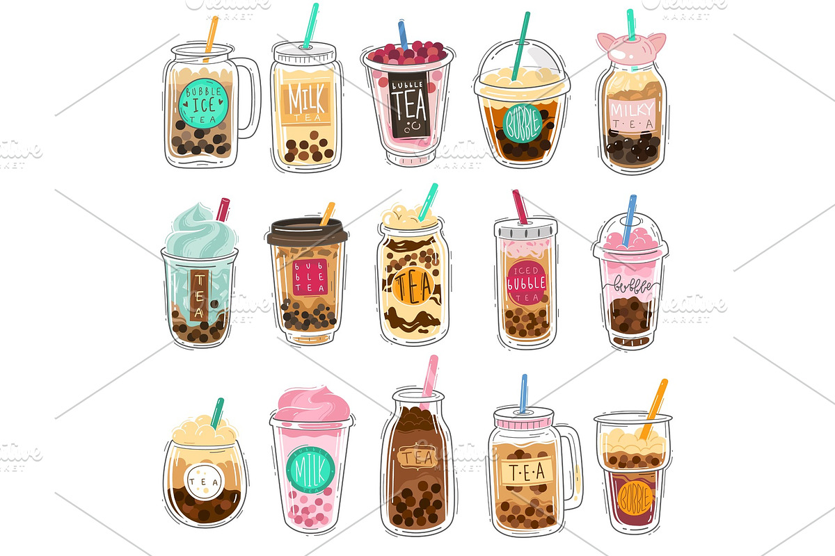 Bubble tea. Plastic cups with summer, a Food Illustration by YummyBuum