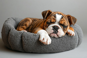 Adorable bulldog puppy sleeping peacefully in a soft gray dog bed., an Animal Photo by ImageMir