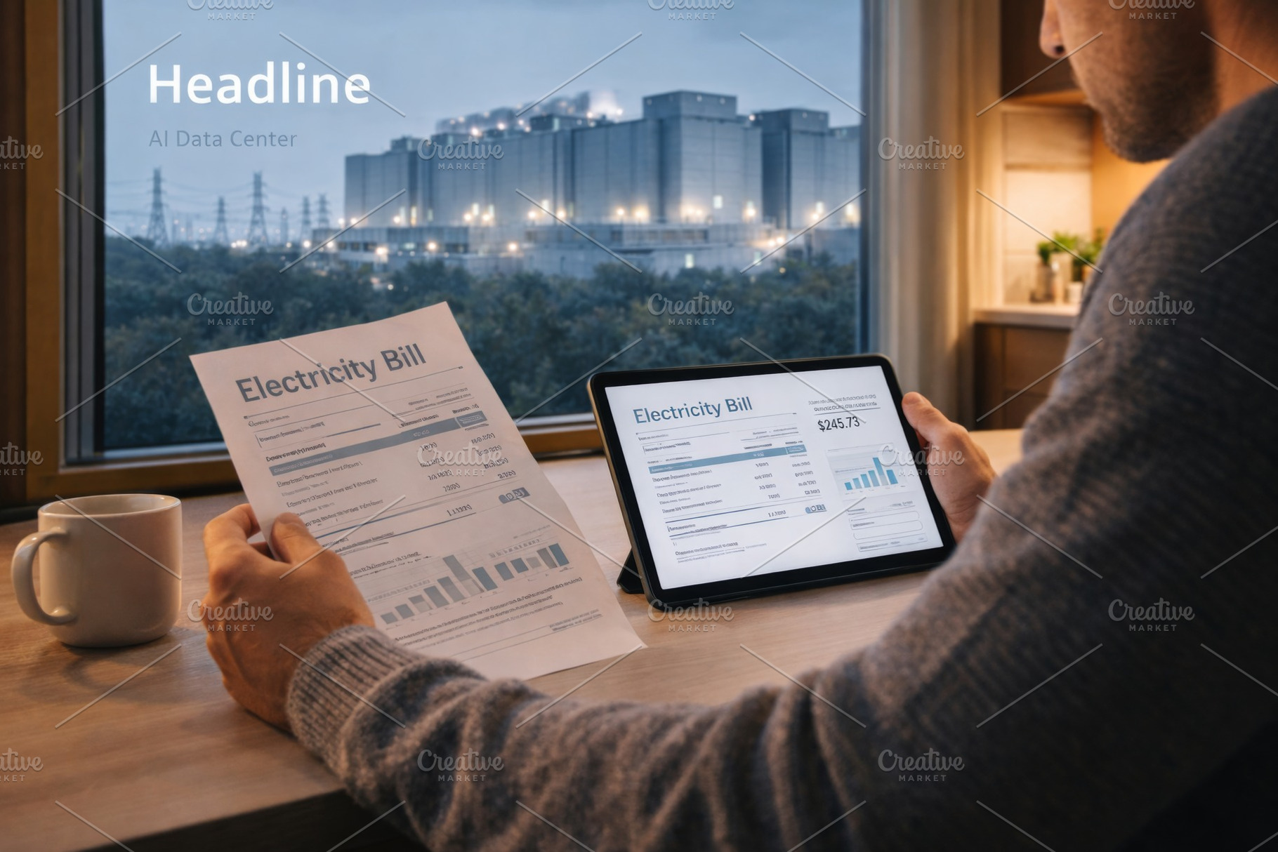 Man reviewing electricity bills on tablet at home with view of d, a Photo by Dvoevnore photos