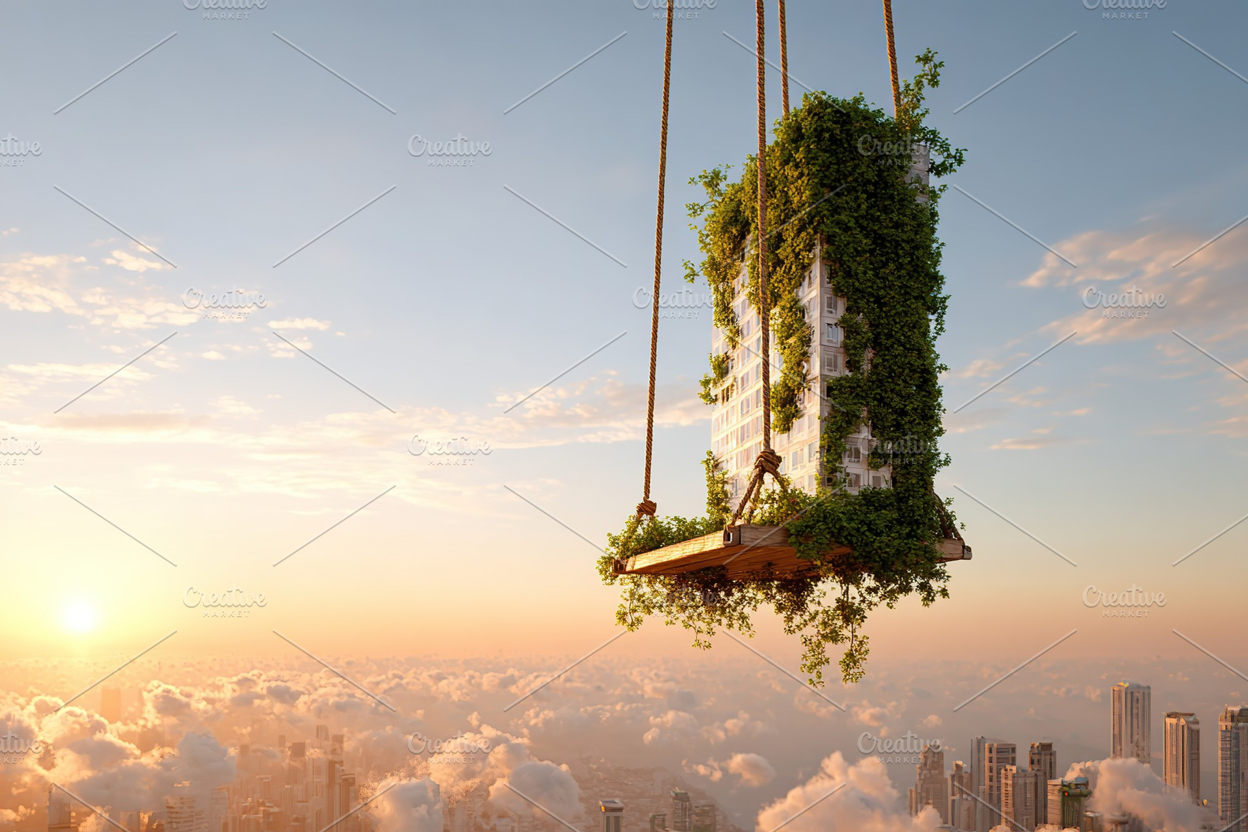 A swing draped in vines hangs from a height, overlooking a sprawling city as th, a Photo by AlyaAnd