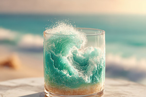 Wave in a glass on a beach background, a Food & Drink Photo by AlyaAnd