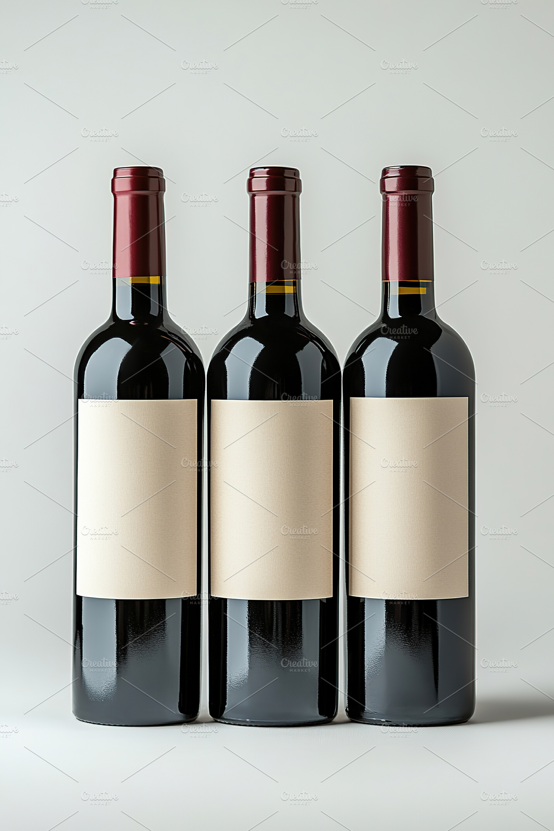 Three wine bottles with blank labels on a simple background, showcasing a minim, a Food & Drink Photo by AlyaAnd