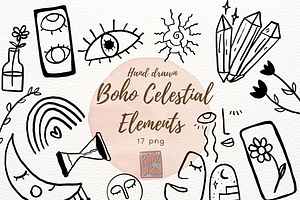 Celestial boho elements hand drawn