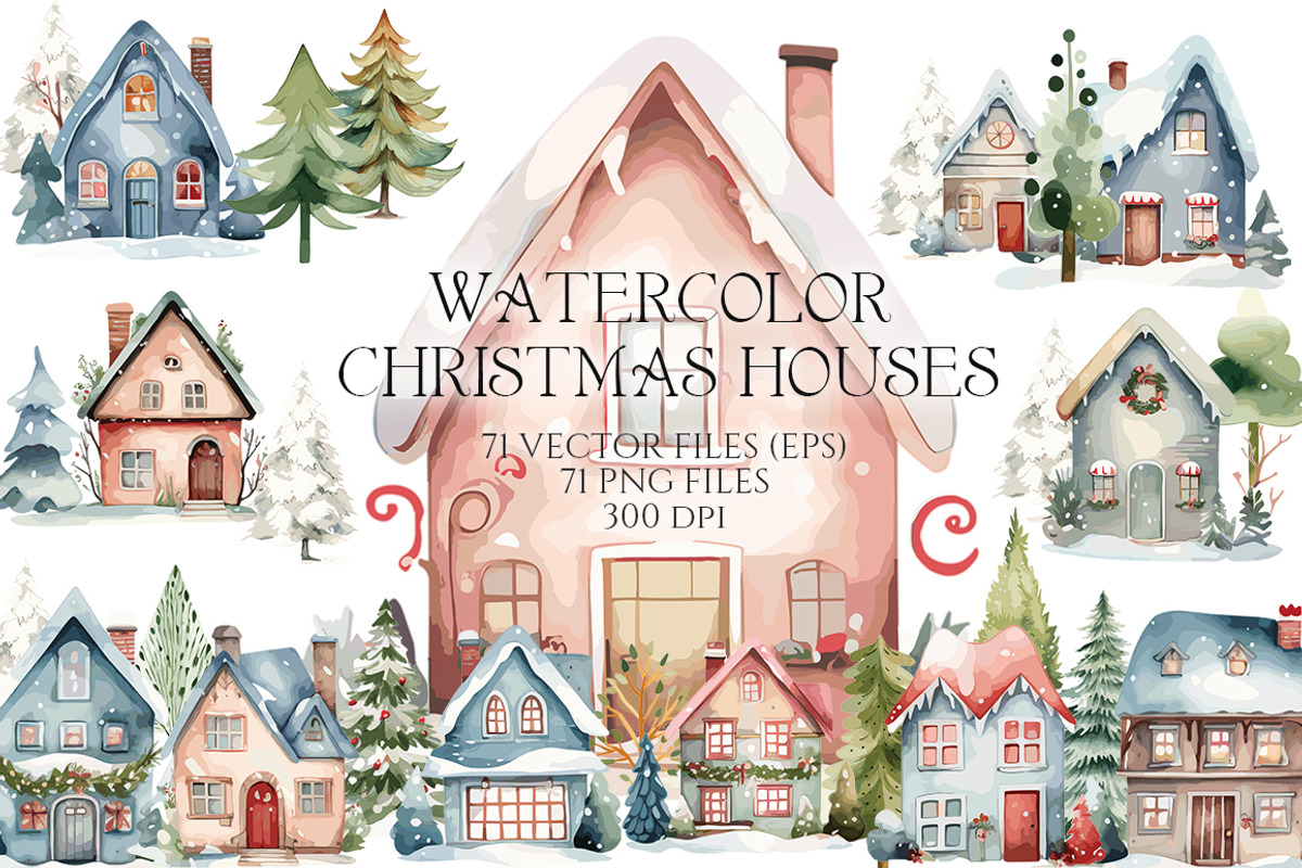 Watercolor Christmas Houses, an Object Illustration by Evgeniia (Photo 1 of 5)