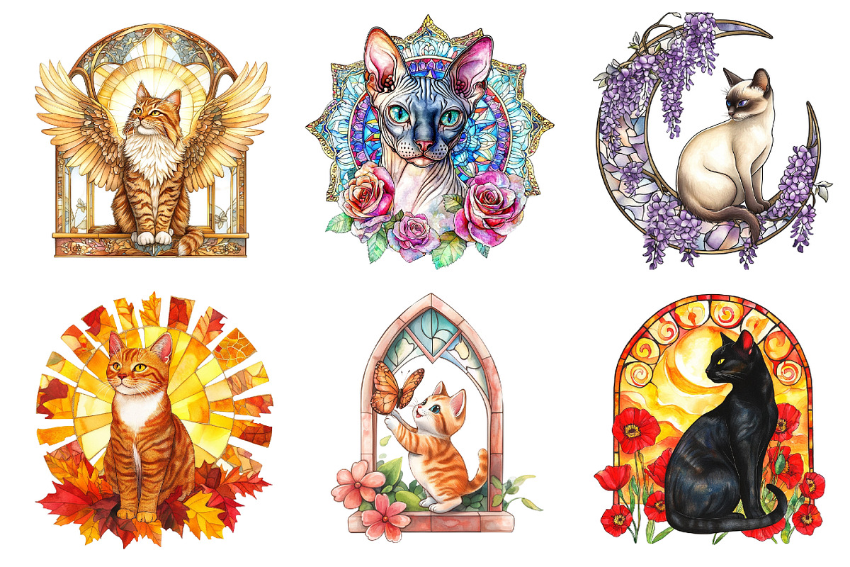 Cat Floral Stained Glass Clipart, an Illustration by DreamArtGraphic (Photo 4 of 4)