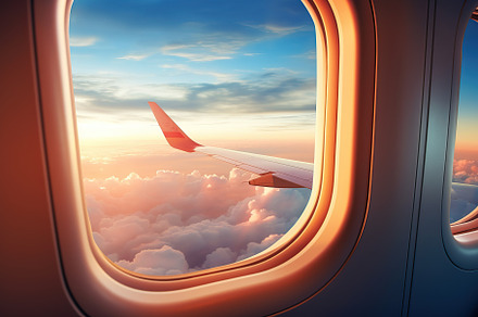 View from airplane window on the clouds with sunset and wing, a Transportation Photo by AlyaAnd