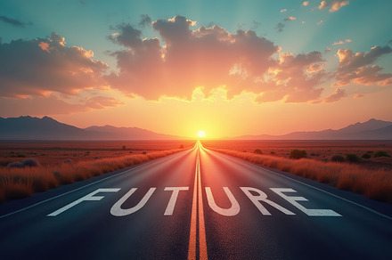 Road at dawn with the word FUTURE, a Transportation Photo by Perpis
