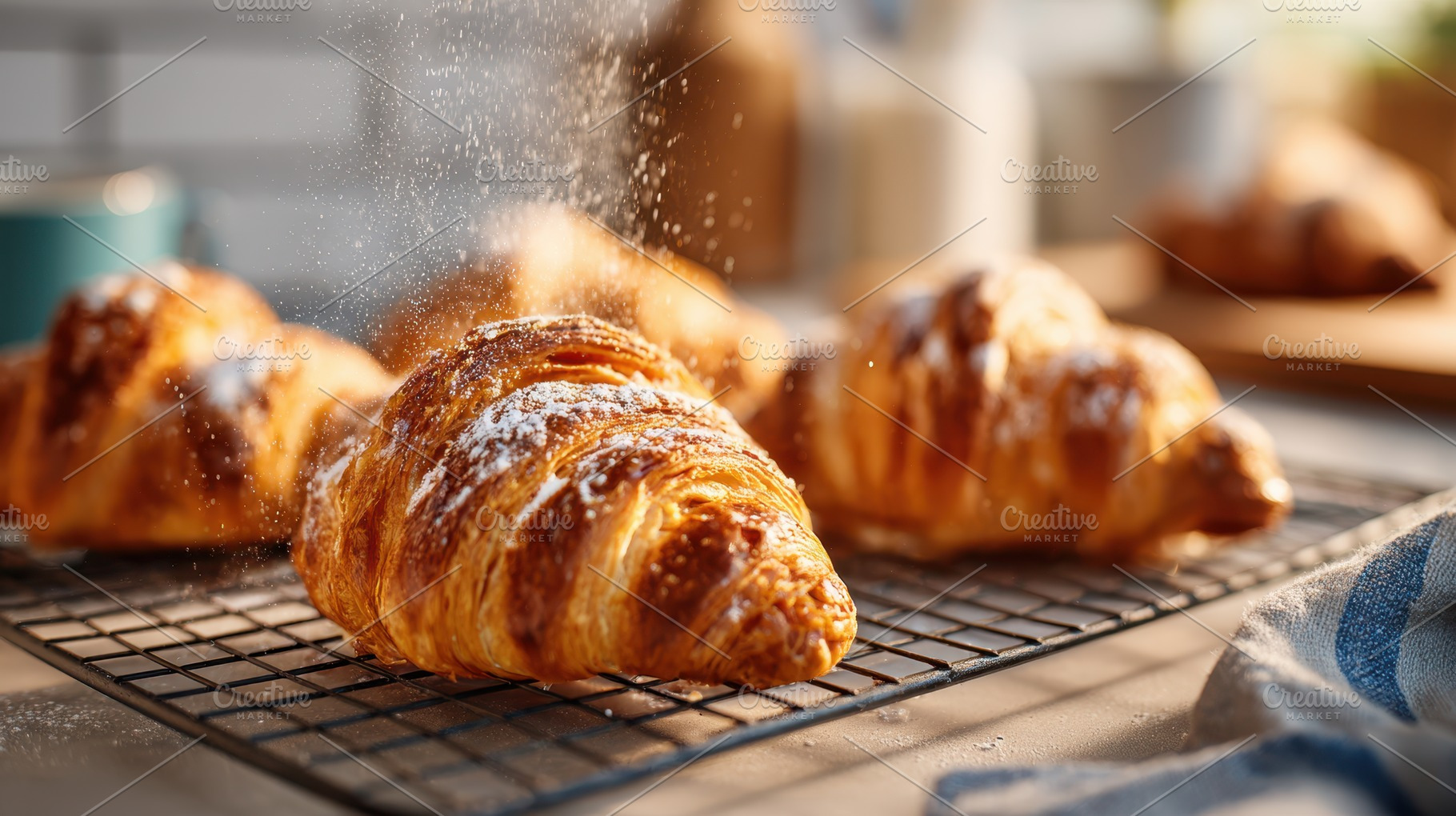 Golden croissants cooling on rack, a Food & Drink Photo by AlyaAnd