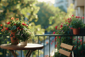 Beautiful balcony with small table, chair and flowers, a Photo by AlyaAnd