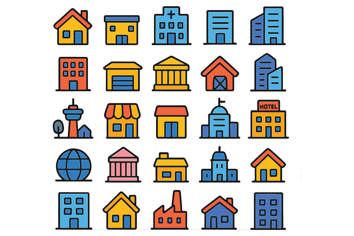 Colorful Building Icon Pack, an Object Graphic by nikagraphic