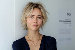 A young Caucasian woman with tousled blonde hair, blue eyes, and a warm smile,, a Person Photo by ImageMir