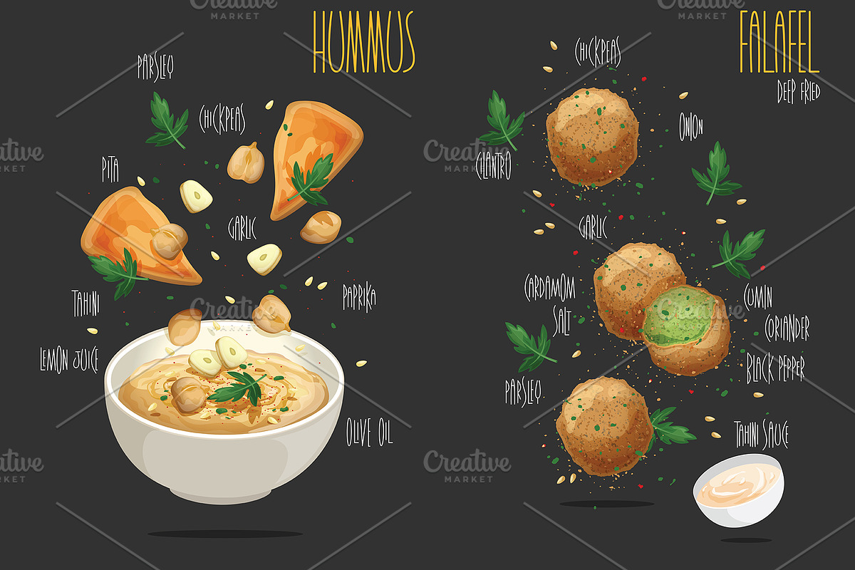 Hummus and Falafel. Vector, a Food Illustration by AKOMIX (Photo 1 of 2)