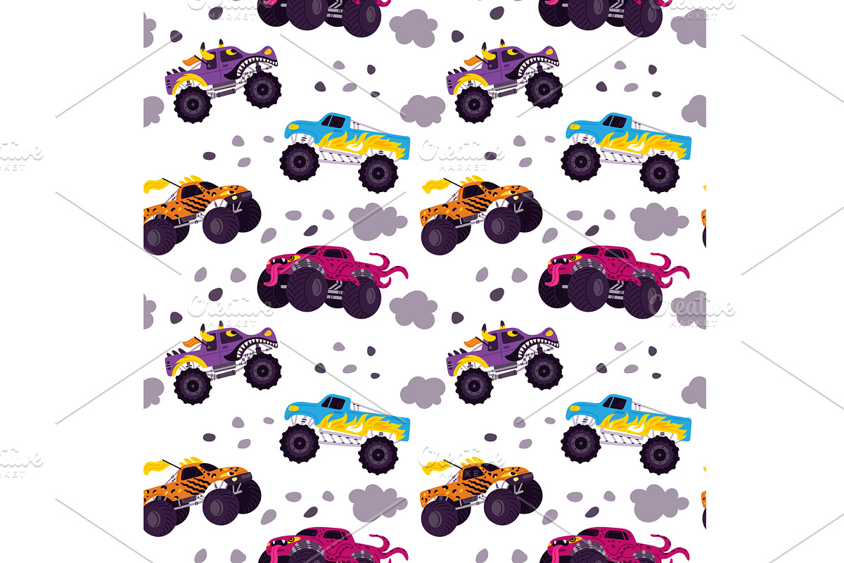 Monster trucks seamless pattern, a Transportation Illustration by Vectorbuum