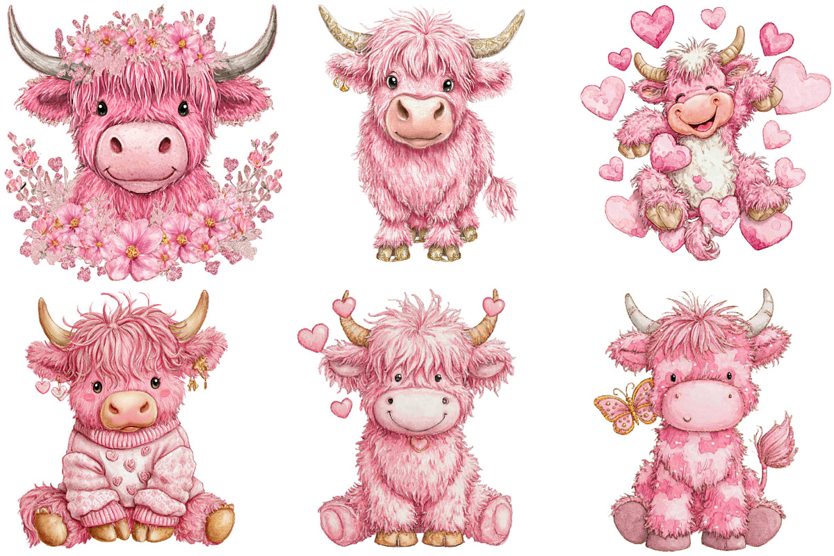 Whimsical Highland Cow Clipart, an Illustration by Designking (Photo 3 of 5)