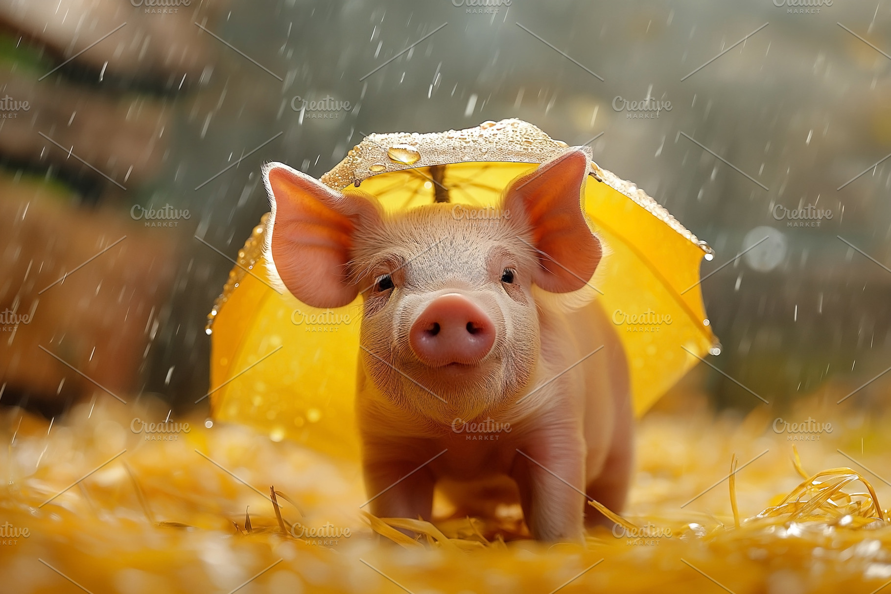 A playful piglet sheltered under a bright yellow umbrella, amid falling raindro, an Animal Photo by ImageMir