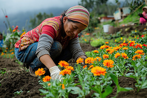 Gardener from poor country planting flowers in springtime, a Nature Photo by AlyaAnd