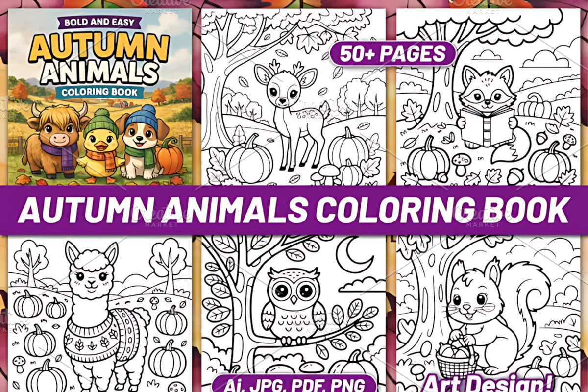 BOLD EASY AUTUMN ANIMALS COLORING, a Seasonal Illustration by Design Station (Photo 1 of 4)