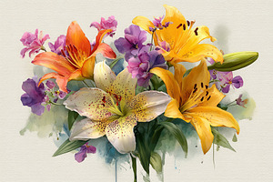 Vibrant Lily Bouquet Watercolor Pain, a Photo by Pixeness Studio