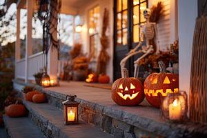 Halloween decorations create a cozy atmosphere on a front porch during twilight, a Photo by AlyaAnd