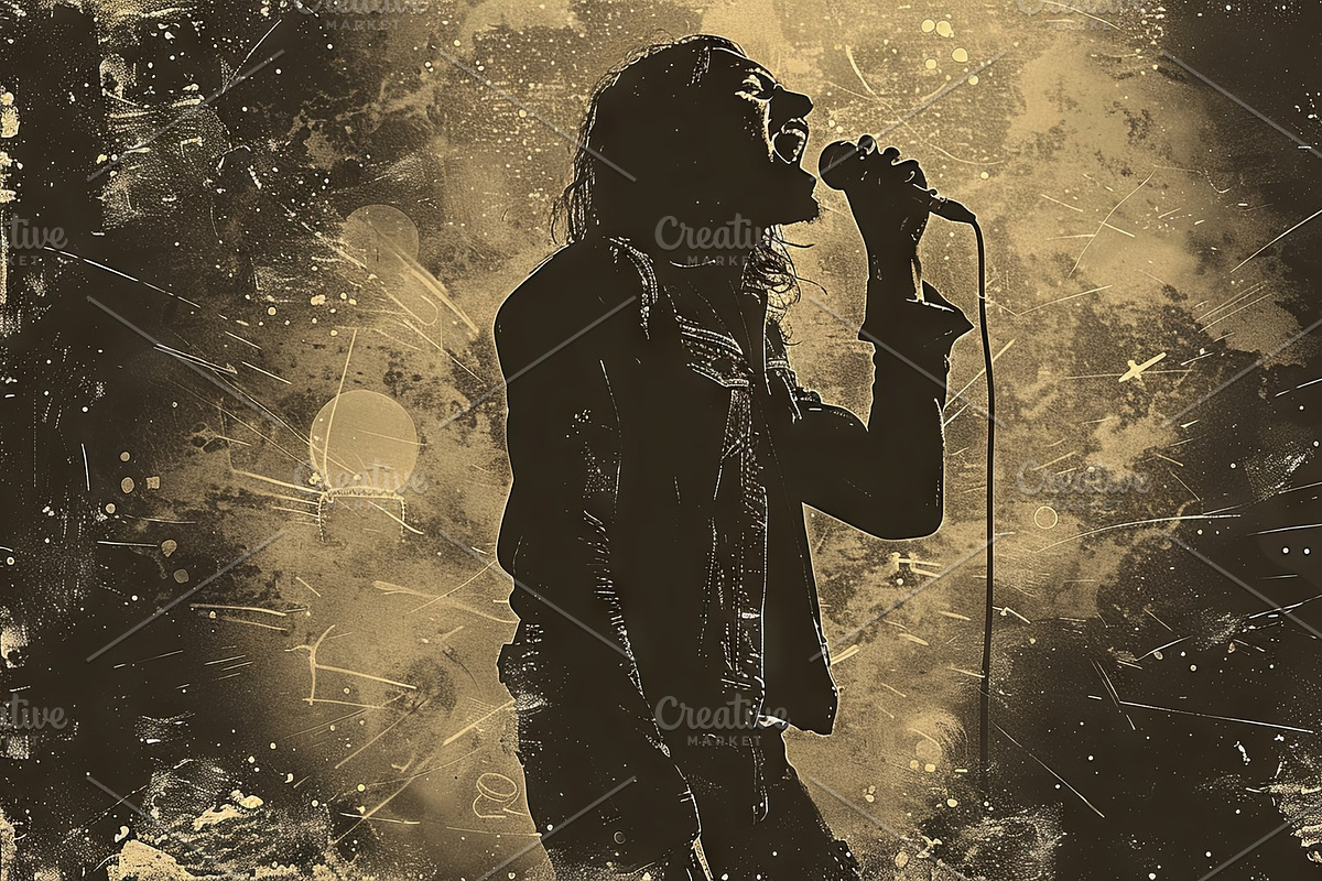 Grunge sepia illustration of rock singer with microphone in musi, an Illustration by AS photostudio