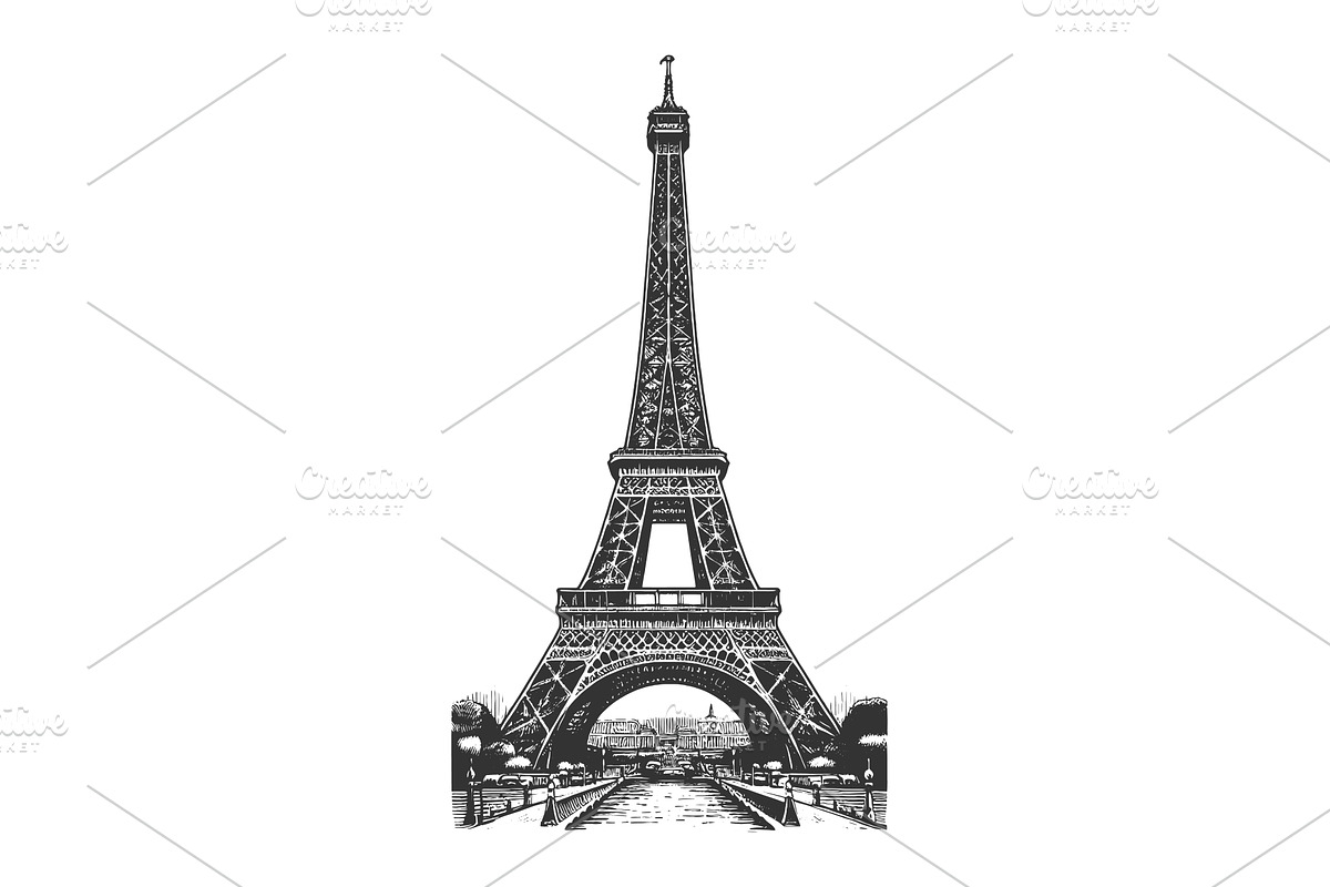 Eiffel Tower engraving sketch vector, an Object Illustration by AlexArt