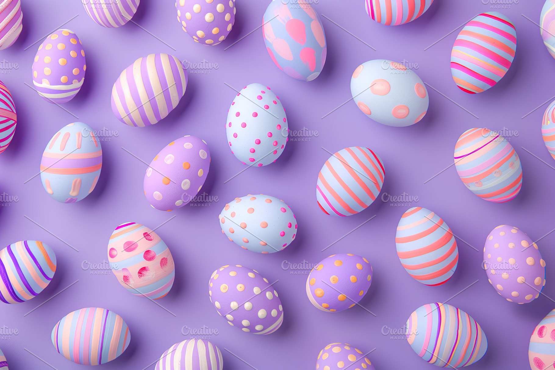Pattern of decorated easter eggs on purple background, a Food & Drink Photo by AlyaAnd