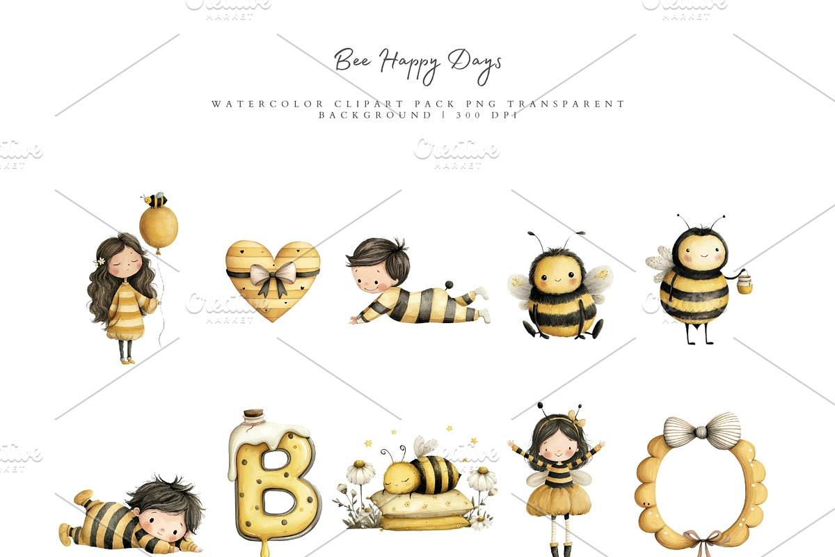 Watercolor Bee Clipart Bundle, an Object Illustration by Pati Paints (Photo 4 of 12)