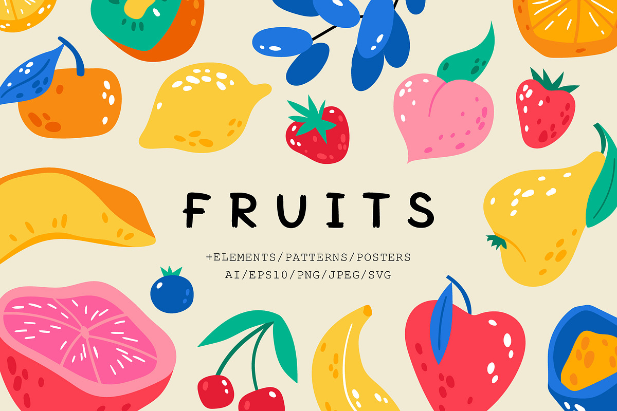 Fruits | Clipart + patterns, a Food Illustration by katieromanoff_art (Photo 1 of 15)