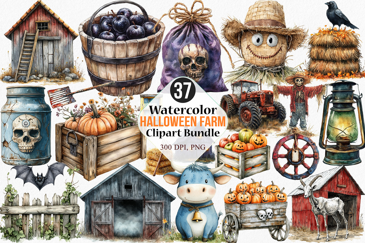 Watercolor Halloween Farm Clipart, an Illustration by Canvas Craft (Photo 1 of 7)