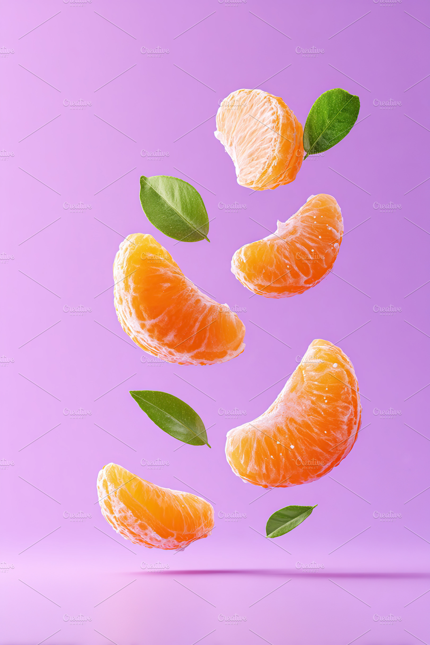 Fresh mandarin wedges floating against a vibrant purple background with green l, a Food & Drink Photo by AlyaAnd