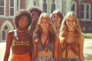 A vibrant group of five young women of diverse ethnic backgrounds, smiling in s, a Person Photo by ImageMir