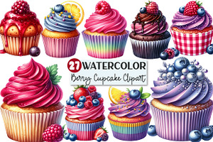 Watercolor Berry Cupcake Clipart, an Illustration by Rose Art